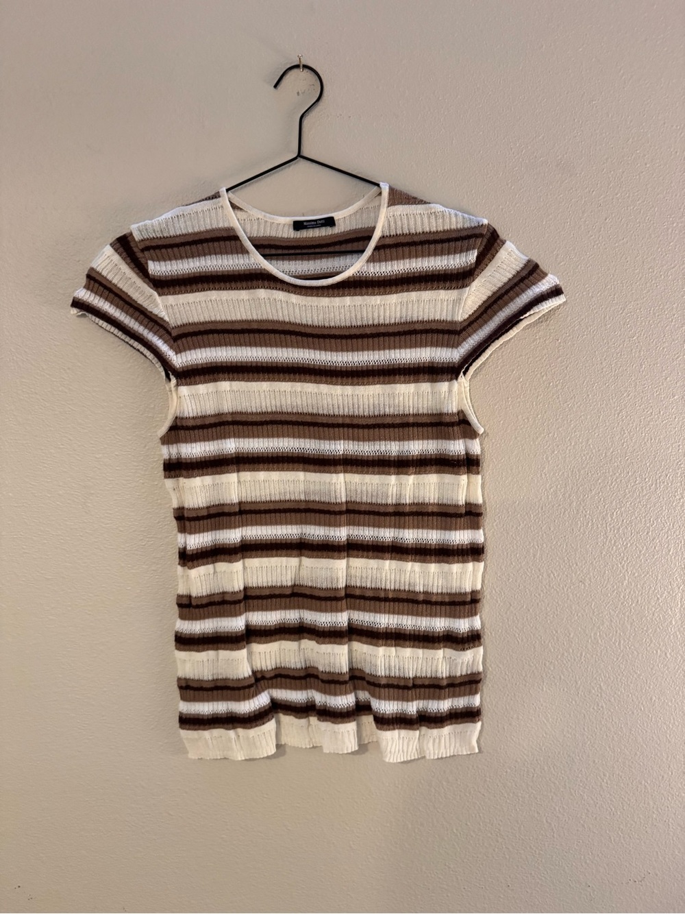 Massimo Dutti Cream and Brown Striped Short Sleeve Knit Top